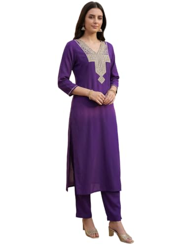 Image of INDO ERA Women's Silk Blend Embroidered Zari Work Straight Kurta & Pant Set | Cord Set For Women