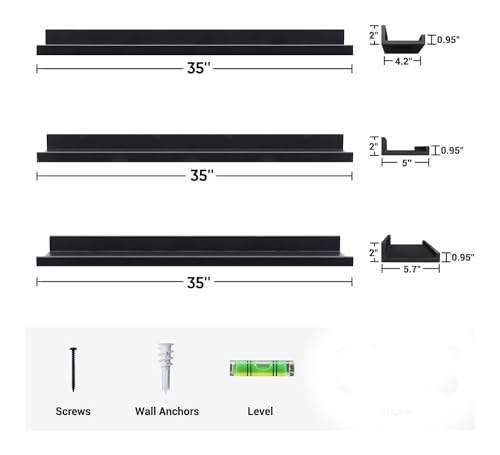 Image of Wooden Floating Wall Shelves Set of 3 for Living Room & Bedroom | Modern Wall Mounted Display Rack for Decor, Photo Frames, Plants & Storage (Black, 35 Inch)