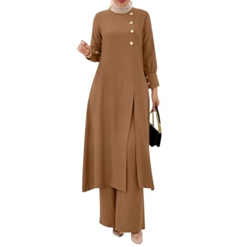IDOPIP Abaya Dress for Women Muslim Set Long Sleeve Chiffon Ramadan Islamic Prayer Dress Button Down Shirt with Pants 2PCS Middle East Dubai Outfits Modest Arabic Casual Clothes Khaki - Split S
