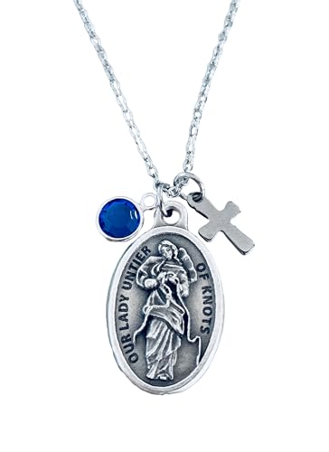 Mary Undoer of Knots Necklace – Silver Our Lady Untier of Knots Catholic Medal with Cross & Birthstone – Religious Jewelry Gift for Women & Girls – Inspirational Handmade Faith Necklace