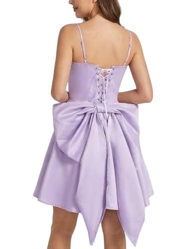 Image of WDIRARA Women's Satin Bow Homecoming Dresses Spaghetti Strap Wedding Guest Gown Summer Mini Dress