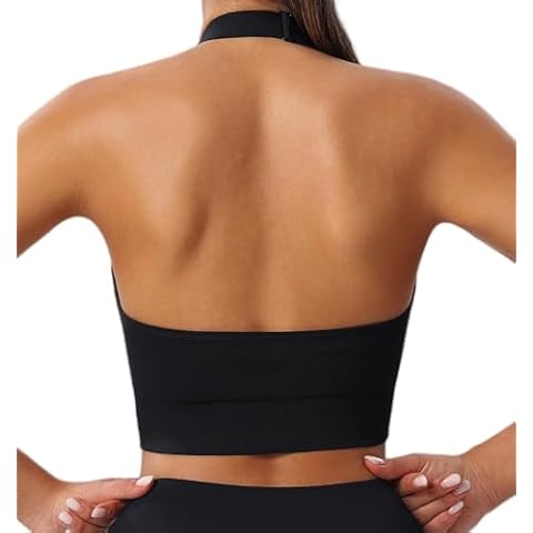 Women's Halter Sports Bras Adjustable Straps Seamless Medium Impact Workout Crop Tank Tops with Removable Padded Black Cover