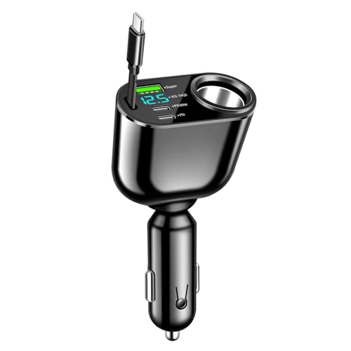 180W Caricabatteria da Auto Accendino Accendisigari Auto USB C Splitter 90W Adattatore per Prese di Corrente 2.3ft Cavi rotolabili & PD 30W USB Ricarica Veloce con Voltmetro LED nero-1