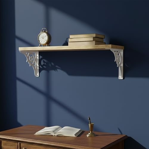 Image of Wall Shelf with Wooden Top Black|White Iron Brackets Storage Rack|Industrial Wall-Mounted Floating Shelf for Living Room,Kitchen,Bathroom (White Single Floral Large)