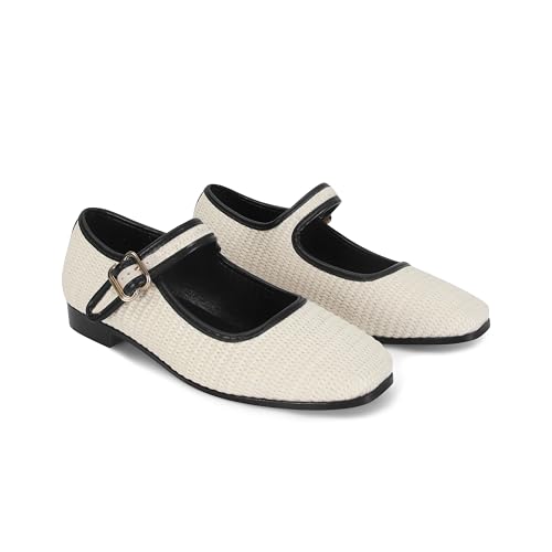 Image of DOEYG Raffia Mary Jane Ballet Flats for Women Square Toe Buckle Strap Ballerina Flats Comfortable Dress Shoes