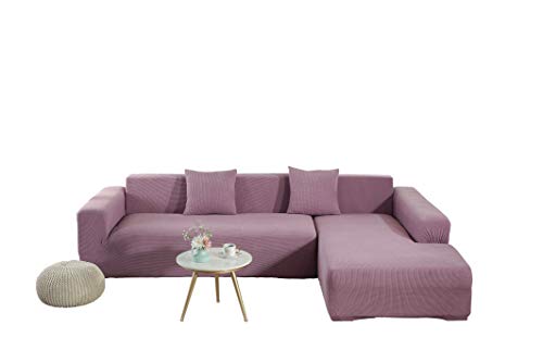 Funda para Chaise Longue, Funda de Sofá Elástica Combinada Rinconera en L, Antideslizante, Antiincrustante,2 Piezas, 3-Asientos + 3-Asientos, con 2 Fundas de Cojín, Rosado Morado