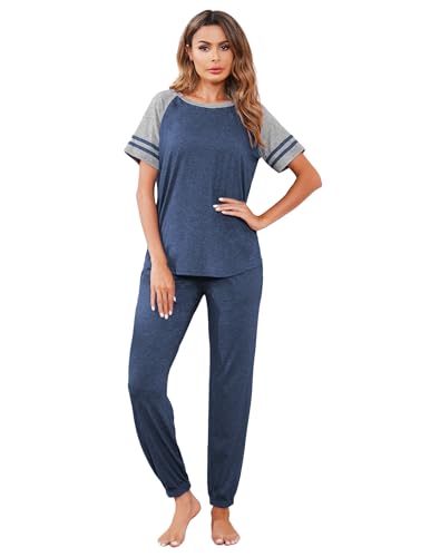 Image of Ekouaer Lounge Sets for Women Two Piece Pajama Set Short Sleeve Crewneck Jogger Outfits and Sweatpants Tracksuit