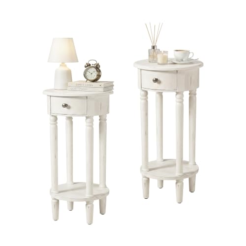Image of HOMPUS Round End Table with Drawer Set of 2, Rustic Framhouse Nightstand Set 2, Small Tall End Table with Shelf, Fully Assembled Narrow Wood Nightstand, Accent Bedside Table for Bedroom, Small Spaces