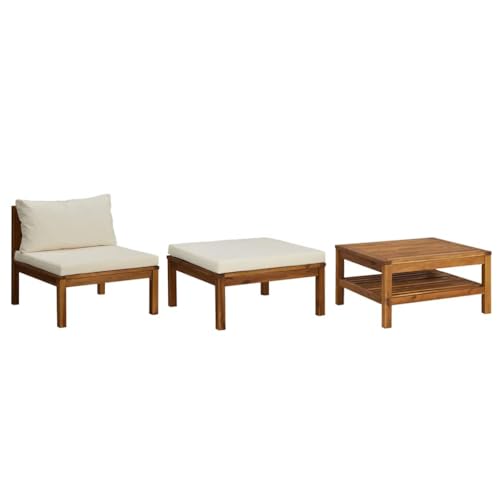 vidaXL Salon de Jardin 3 pcs avec Coussins Blanc crème Bois d Acacia