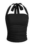 SOLY HUX Women's Ruched Halter Y2K Crop Tops Tie Back Sleeveless Slim Fit Cami Tops Solid Plain Black Small