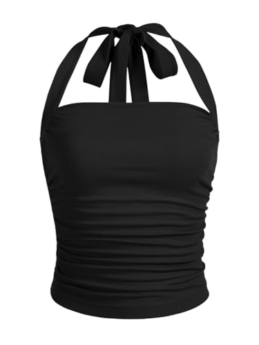 SOLY HUX Women's Ruched Halter Y2K Crop Tops Tie Back Sleeveless Slim Fit Cami Tops