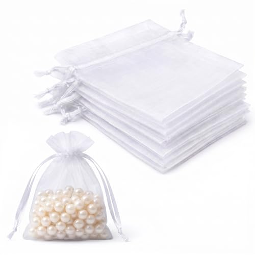 Lafefe 20Pcs Organza Gift Pouches 7x9CM Clear Mesh Drawstring Pouches Organza Gift Bags for Wedding Favours Party Festival Candy and Game Favour Bags - White