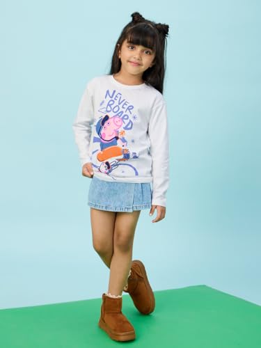 Image of The Souled Store Official Peppa: Never Bored Baby Girls and Girls White Graphic Printed Round Neck Regular Fit Cotton Full Sleeve T-Shirts Girl's Full Sleeve T-Shirts Graphic Tees Cotton Casual