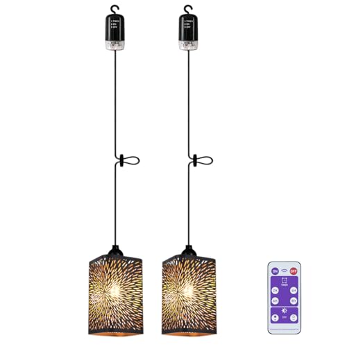 YIKEGE LICHT 2x Hängelampe mit Batterie Dekorative Lampe Akku Hängeleuchte Deckenlampe ohne Strom Stromanschluss Feuerwerk Lampenschirm Nachtlicht Laternen Lampions für Garten Balkon Pavillon Küche