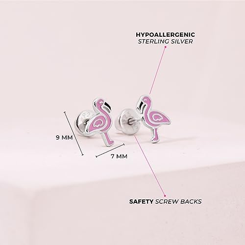 925 Sterling Silver Pink Enamel Fancy Flamingo Screw Back Earrings For Toddlers & Little Girls - Adorable & Bright Colored Zoo Animal Earrings For Young Girls - Colorful Animal Accessories For Girls4