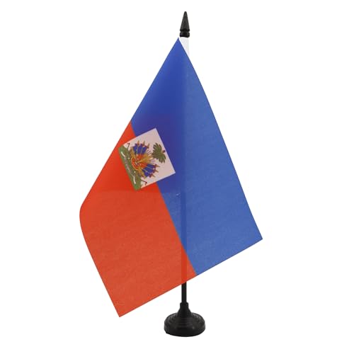 AZ FLAG - Drapeau De Table Haïti 21x14 cm - Petit Drapeau Haïtien De Bureau 100% Polyester Avec Hampe De 25cm Et Socle En Plastique Noir