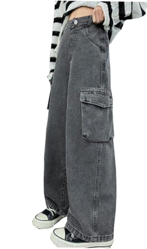 Kids Girls Casual High Waist Wide Leg Denim Pants Cargo Pants Straight-Leg Jean Pants with Large Pockets4