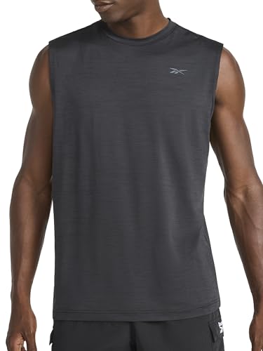 Reebok Men’s Gains Muscle Tank Top, Standard Fit, Lightweight Stretch Poly Cool Touch Jersey Fabric, Black Heather, Small - image 1