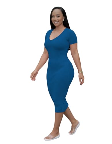 Image of TOPSRANI Women Sexy Midi Dress Bodycon Casual Sleeveless Basic Ruched Tank Summer Club Party Dresses