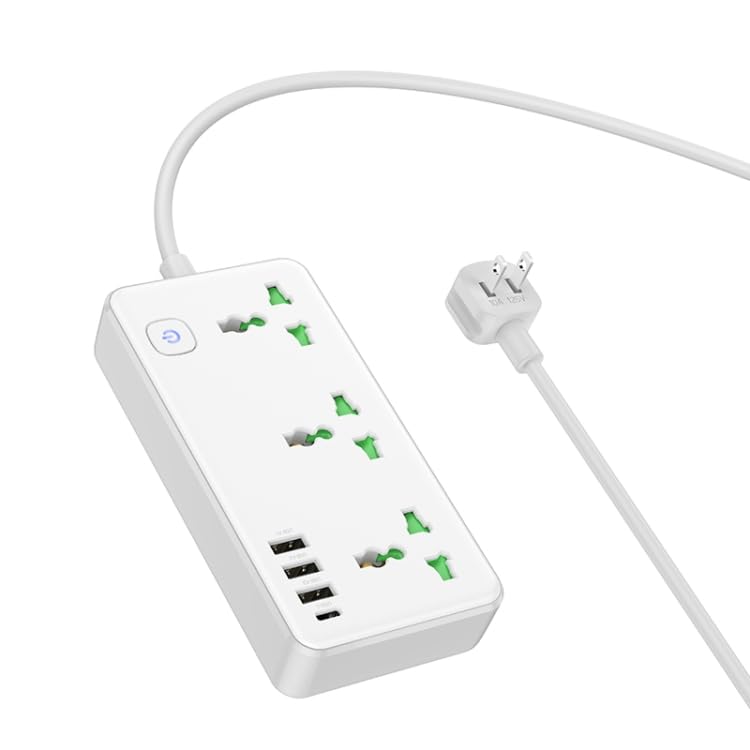 トップダウン view of the white ELECTROPRIME HOCO AC7 Storm Power Strip with its power cable and US plug, showing the three AC outlets and four USB ports clearly.