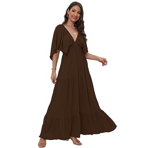 SUNNOW Women's Plus Size Summer Maxi Dress Flowy Loose Fit V-Neck Tiered Ruffle Sleeve Boho Beach Dress