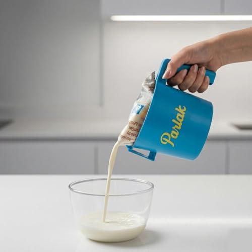 Image of Milk and Oil Packet Holder, Black Plastic Kitchen Organizer with Handle, Cylindrical Spill-Proof Pouring Container (Blue, Small)