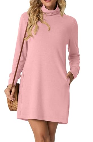 GRECERELLE Pulloverkleid Damen Winter Herbst Langärmliges Rollkragen-Minikleid Strickkleid mit Taschen, Elegantes Basic für Alltag | Knielang (Rosa,...