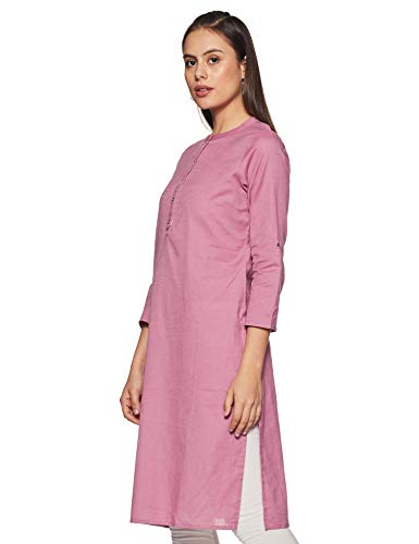 Image of W for Woman Cotton Yellow Solid Mandarin Collar Straight Kurta