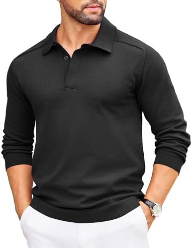 COOFANDY Mens Knit Polo Sweater Long Sleeve Polo Collared Sweaters Hidden Button Casual Pullover Sweater