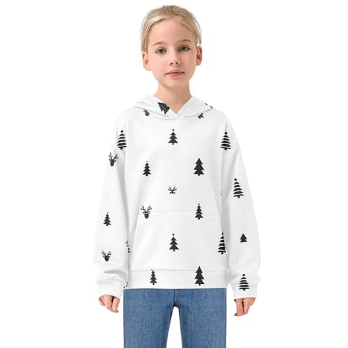 GuoChe Sudadera unisex con capucha para niños y niñas, de gran tamaño, con bolsillo, talla 4-14 años, Patrón de árbol negro y blanco, 13-14 años