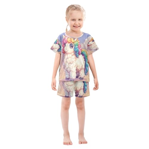 ALAZA Unicorn Cloud Llama Animal Pajamas Set Short Sleeve Cotton Sleepwear Summer Pjs 2 Piece 5-14Y3