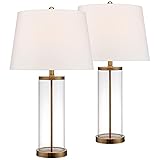 360 Lighting 26' High Cylinder Country Cottage Table Lamps Set of 2 Fillable Clear Gold Finish Glass Metal White Shade Living Room Bedroom Bedside Nightstand House Office Home Kitchen