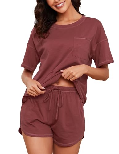 Image of KCW Pajamas for Women Set 2 Piece 100% Cotton Lounge Sets Short Sleeve Top and Shorts Pj Set Sleepwear Outfits