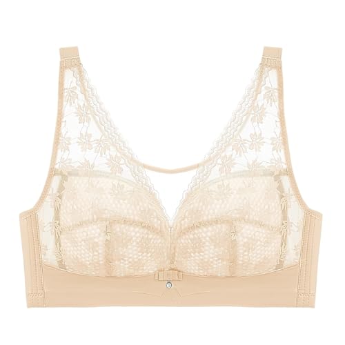 BILIKEYU Sujetador de encaje cómodo y ajustable para mujer, talla grande, sexy, sin aros, sin aros, sujetador de encaje transpirable, suave y cómodo, beige, 90C