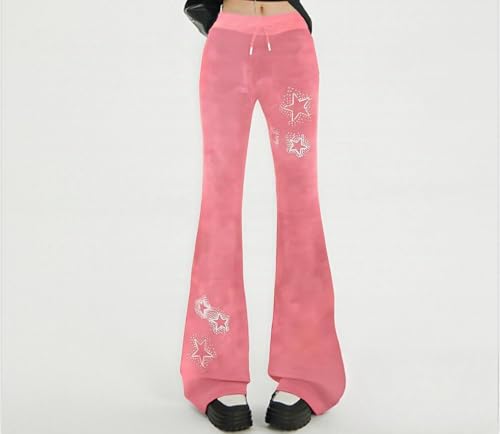 Image of BONVEN Womens Y2k Gothic Drawstring Flare Pants Streetwear Casual Star Rhinestone Low Rise Disco Pants Bell Bottoms