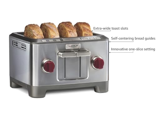 Wolf-Gourmet-4-Slice-Extra-Wide-Slot-Toaster-with-Shade-Selector-Bagel-and-Defrost-Settings-Red-Knob-Stainless-Steel-WGTR154S Wolf Gourmet 4 Slice Extra Wide Slot Toaster with Shade Selector Bagel and Defrost Settings Red Knob Stainless Steel WGTR154S