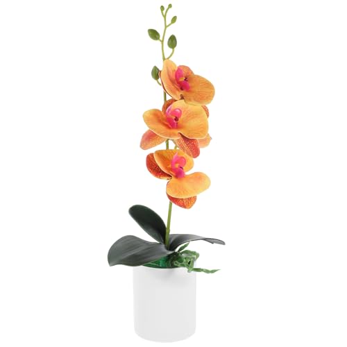 GALPADA Artificial Orange Orchid Potted Plant Fake Flower Plastic Simulation Potted Plant Fade-Resistant and Easy to Carry for Home, Office and Table Decor