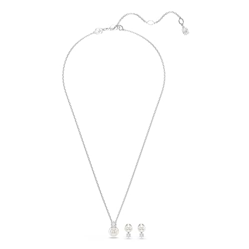 Swarovski Matrix Jewelry Set, Tennis Bracelet, Earrings, Clear Round Cut Crystals With Pearls, Rhodium Finish2