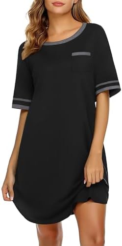 Ekouaer Cotton Nightgowns for Women Soft Sleepwear Comfy Short Sleeve Sleep Shirts Crew Neck Night Shirts with Pocket S-3XL
