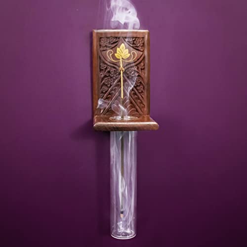 The Indian Rose - Maitri - Hecho a mano con tallado intrincado e incrustaciones de latón, soporte de incienso inverso único con colector de cenizas, soporte de sujeción Agarbatti con recogedor de