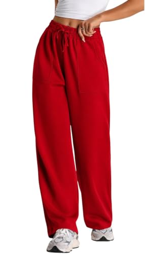 Image of Q - RIOUS Women's Wide Leg High Waisted Baggy Lounge Sweat Pants Drawstring Athletic Flared Joggers with Pockets
