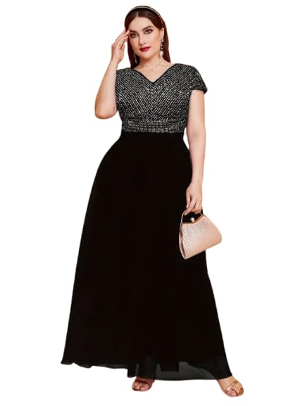 thapnath Plus Size Evening Gown, V-Neck Sequin Bodice, Black Maxi Dress with Short Sleeves-picture-44