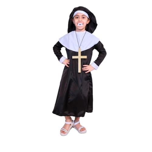 Image of Kaku Fancy Dresses Evil Nun Costume For Halloween Scary Cosplay Outfit Haunted House - Black, 3-4 Years, Girls
