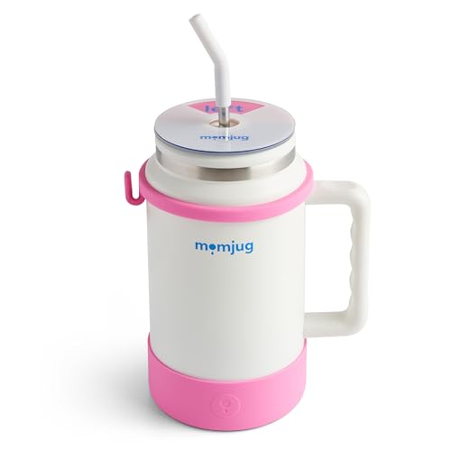 momjug Hydration Water Bottle for Moms 50oz - Pink with Side Indicator - Extra Lid, Stainless Steel, Easy Grip Handle