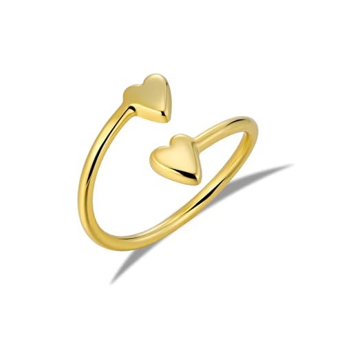 ALEXCRAFT Bague Coeur Femme Or Fine, Ajustable Hypoallergéniques, Acier, Bagues Empilables 14K Or Plaqué, Bague Pouce Ouvert, Bagues de Couple pour Femme Fille Homme