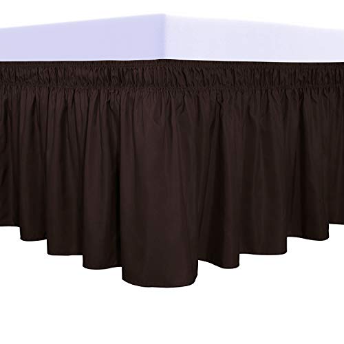 PureFit Wrap Around Ruffled Bed Skirt with Adjustable Elastic Belt - 14 Inch Drop Easy to Put On, Wrinkle Free Bedskirt Dust Ruffles, Bed Frame Cover for Queen, King and C-King Size Beds, Chocolate