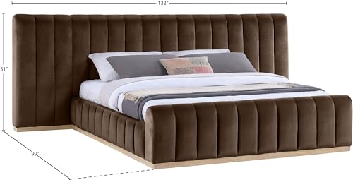 Image of Meridian Furniture AmaraBrown-K133 Collection Modern | Contemporary King Bed, Ultra Luxe Brown 460 GSM Velvet, Natural Finish, Solid Wood Base and Inner Frame, 133 inch W x 99 inch D x 51 inch H, Brown, King