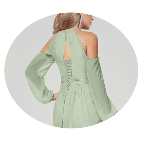 HYY Halter Long Sleeve Bridesmaid Dresses with Slit Pockets Cold Shoulder Ruched Chiffon Formal Prom Dress Evening Gown2