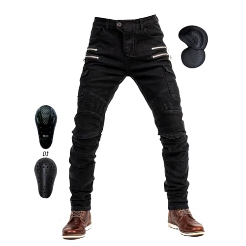 oFzimTo Motorrad-Jeanshose Für Herren, Sturzfeste Jeans Mit Geradem Bein Und 4 Arten Von Schutzausrüstung, Motorradhose Für Motorradrennfahrer (Black,XL)