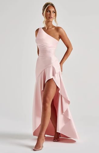 OFEECHUN Women's One Shoulder Satin Prom Dresses for Teens Mermaid Ruffle Long Evening Formal Gowns with Slit2